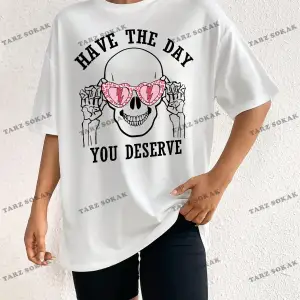 Unisex BAY  Kadın Kafatası ve Slogan Baskılı Düşük Omuz Tişört KOD-1381