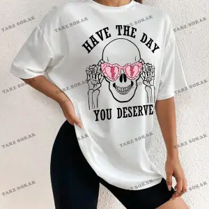 Unisex BAY  Kadın Kafatası ve Slogan Baskılı Düşük Omuz Tişört KOD-1381