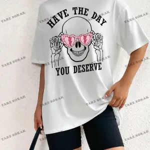 Unisex BAY  Kadın Kafatası ve Slogan Baskılı Düşük Omuz Tişört KOD-1381