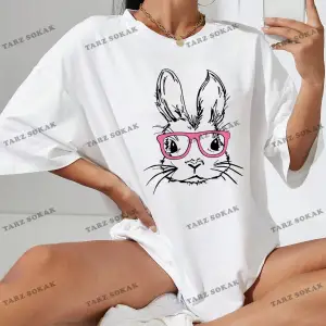 Unisex BAY  Kadın Karikatür Tavşan Baskılı Bol Kesim Tişört KOD-1354