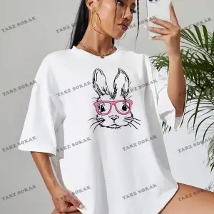 Unisex BAY  Kadın Karikatür Tavşan Baskılı Bol Kesim Tişört KOD-1354