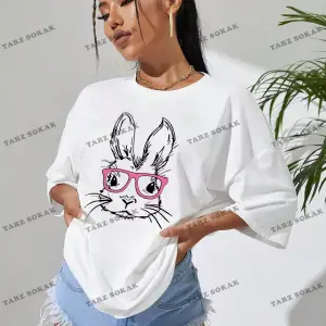 Unisex BAY  Kadın Karikatür Tavşan Baskılı Bol Kesim Tişört KOD-1354
