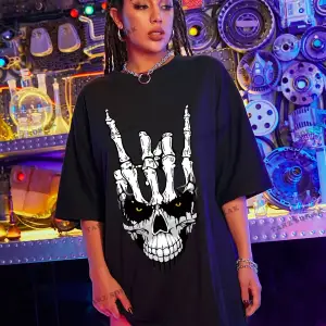 Unisex BAY  Kafatası Baskılı Düşük Omuzlu Büyük Boy Tişört KOD-1329