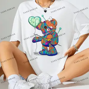 Unisex BAY  Karikatür Ayı Baskı Damla Omuz Büyük Boy Tişört KOD-1375