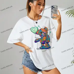 Unisex BAY  Karikatür Ayı Baskı Damla Omuz Büyük Boy Tişört KOD-1375