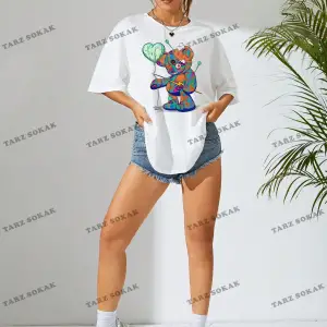 Unisex BAY  Karikatür Ayı Baskı Damla Omuz Büyük Boy Tişört KOD-1375