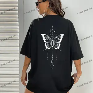 Unisex BAY  Kelebek Desenli Damla Omuz Tişört KOD-1382