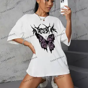 Unisex BAY  Kelebek Ve Harf Grafikli Oversize Tişört KOD-1358