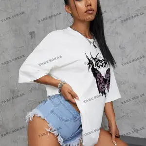 Unisex BAY  Kelebek Ve Harf Grafikli Oversize Tişört KOD-1358