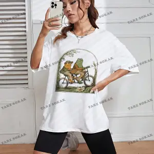 Unisex BAY  Kurbağa Desenli Düşük Omuzlu Tişört KOD-1364