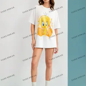 Unisex BAY  LOONEY TUNES X Karikatür Grafik Düşük Omuz Büyük Boy Tişört KOD-1319