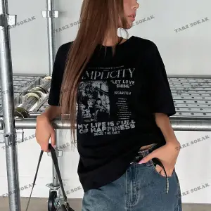 Unisex BAY  Sloganlı Grafik Düşük Omuz Tişört KOD-1378