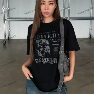 Unisex BAY  Sloganlı Grafik Düşük Omuz Tişört KOD-1378