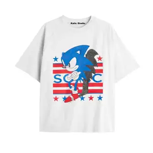 UNİSEX Bay Sonic Desenli Beyaz Yazlık T-shirt