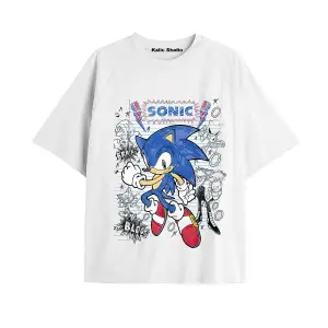UNİSEX Bay Sonic Desenli Beyaz Yazlık T-shirt
