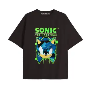 UNİSEX Bay Sonic Desenli Siyah Yazlık T-shirt