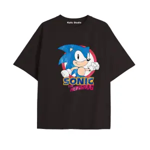 UNİSEX Bay Sonic Desenli Siyah Yazlık T-shirt