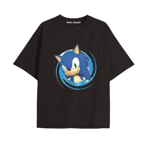 UNİSEX Bay Sonic Desenli Siyah Yazlık T-shirt