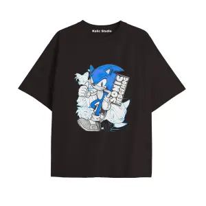 UNİSEX Bay Sonic Desenli Siyah Yazlık T-shirt