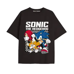 UNİSEX Bay Sonic Desenli Siyah Yazlık T-shirt