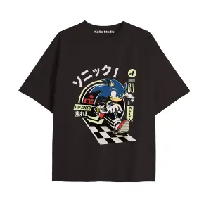 UNİSEX Bay Sonic Desenli Siyah Yazlık T-shirt