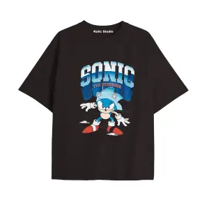 UNİSEX Bay Sonic Desenli Siyah Yazlık T-shirt