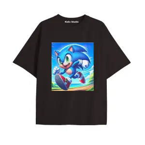 UNİSEX Bay Sonic Desenli Siyah Yazlık T-shirt