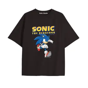 UNİSEX Bay Sonic Desenli Siyah Yazlık T-shirt