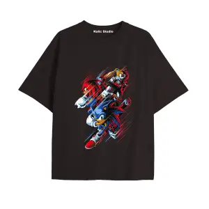 UNİSEX Bay Sonic Desenli Siyah Yazlık T-shirt