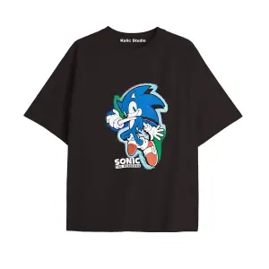 UNİSEX Bay Sonic Desenli Siyah Yazlık T-shirt