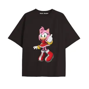 UNİSEX Bay Sonic Desenli Siyah Yazlık T-shirt