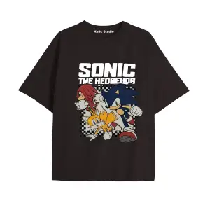 UNİSEX Bay Sonic Desenli Siyah Yazlık T-shirt