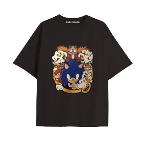UNİSEX Bay Sonic Desenli Siyah Yazlık T-shirt