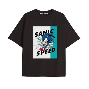 UNİSEX Bay Sonic Desenli Siyah Yazlık T-shirt