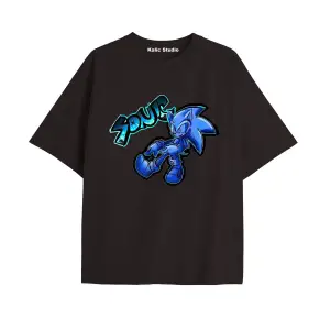 UNİSEX Bay Sonic Desenli Siyah Yazlık T-shirt