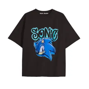 UNİSEX Bay Sonic Desenli Siyah Yazlık T-shirt