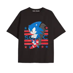 UNİSEX Bay Sonic Desenli Siyah Yazlık T-shirt