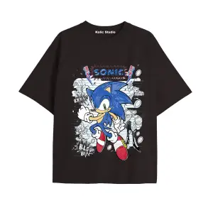 UNİSEX Bay Sonic Desenli Siyah Yazlık T-shirt