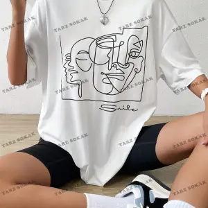 Unisex BAY  Yaz Beyaz Y2k Soyut Şekil Grafik Damla Omuz Tee Grafik Gömlek KOD-1360