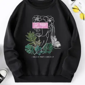 Unisex Belief Baskılı Oversize Bisiklet Yaka Sweatshirt Siyah