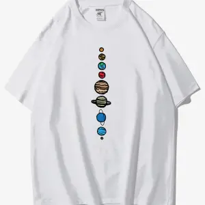 Unisex Beyaz 9 Gezegen Baskılı Oversize Bisiklet Yaka Tshirt