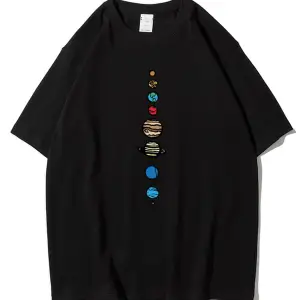 Unisex Beyaz 9 Gezegen Baskılı Oversize Bisiklet Yaka Tshirt