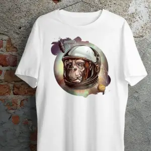 Unisex Beyaz Astronot Maymun Baskılı Oversize Bisiklet Yaka Tişört