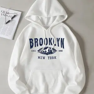 Unisex Beyaz Brooklyn Baskılı Kapüşonlu Sweatshirt