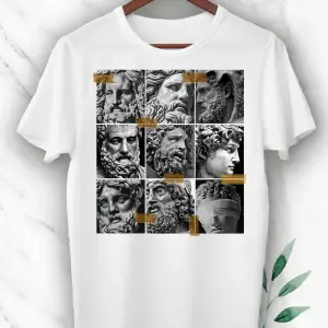 Unısex Beyaz Mitoloji Heykel Baskılı Tişört