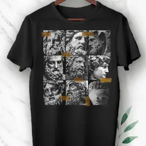 Unısex Beyaz Mitoloji Heykel Baskılı Tişört