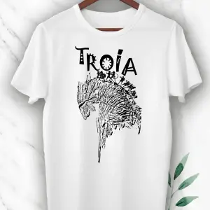 Unısex Beyaz Mitoloji Truva Atı Baskılı T-Shirt