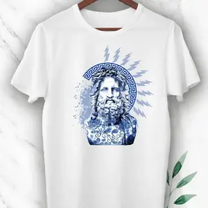 Unısex Beyaz Mitoloji Zeus Baskılı Tişört
