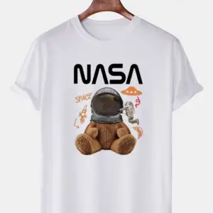 Unisex Beyaz Nasa Uzaylı Ayıcık Baskılı Bisiklet Yaka Oversize Tişört