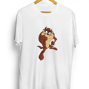 Unisex Beyaz Oversize Tazmanya Canavarı Baskılı T-shirt